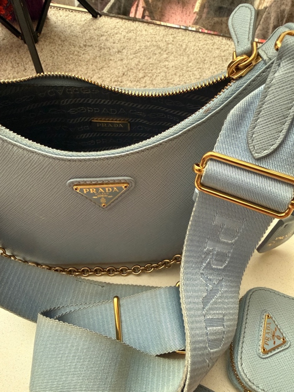 Prada Powder Blue Saffiano Leather Shoulder Bag with Coin Pouch - Picture 2 of 6